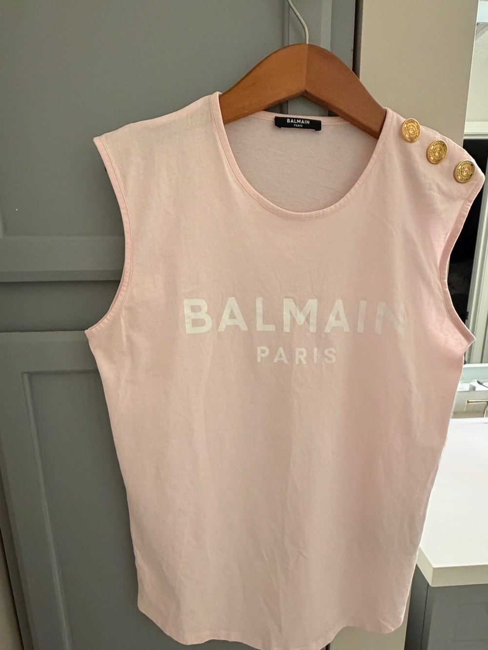 Balmain Pink Logo Sleeveless Top Gold Buttons